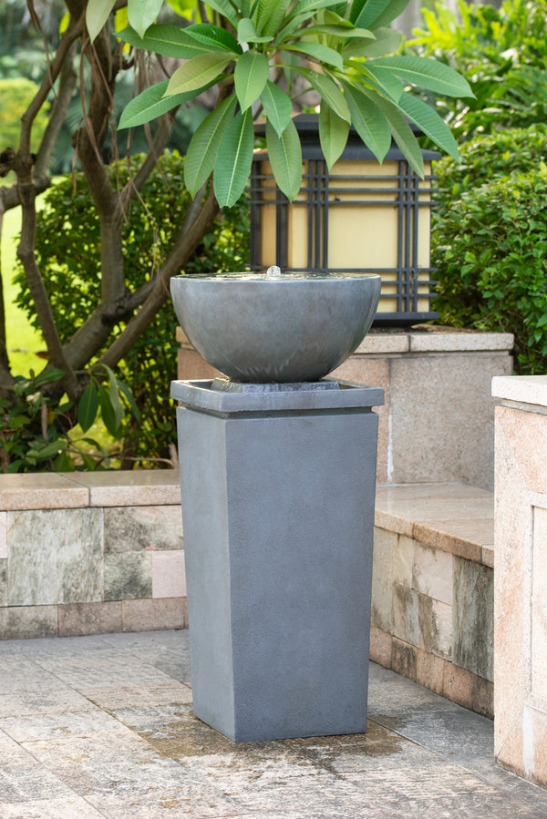 44.5" Polyresin Gray Zen Bowl Fountain - Stylish Outdoor Water Feature and Bird Feeder/Bath