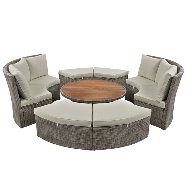 5-Piece Round Rattan Sectional Sofa Set, All-Weather PE Wicker, Sunbed & Liftable Table, Outdoor Daybed with Washable Cushions - Gray