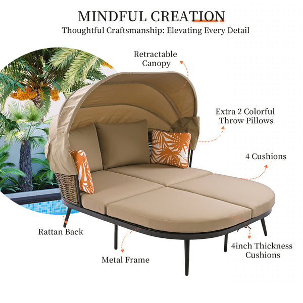 Outdoor Patio Daybed with Retractable Canopy, Metal Frame & Rattan Back, Cushions & Pillows, 700lbs Capacity